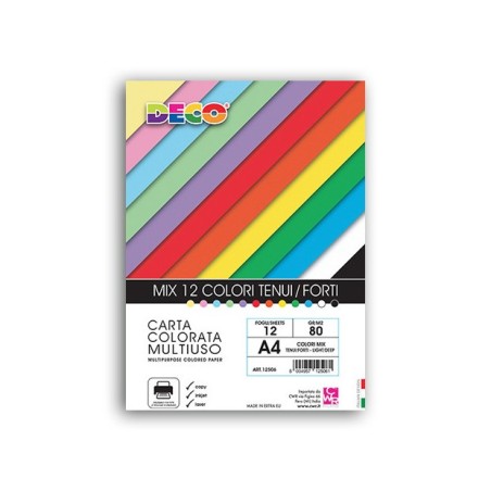 DECO Coloured Paper (Pack of 12 Mixed Colours)